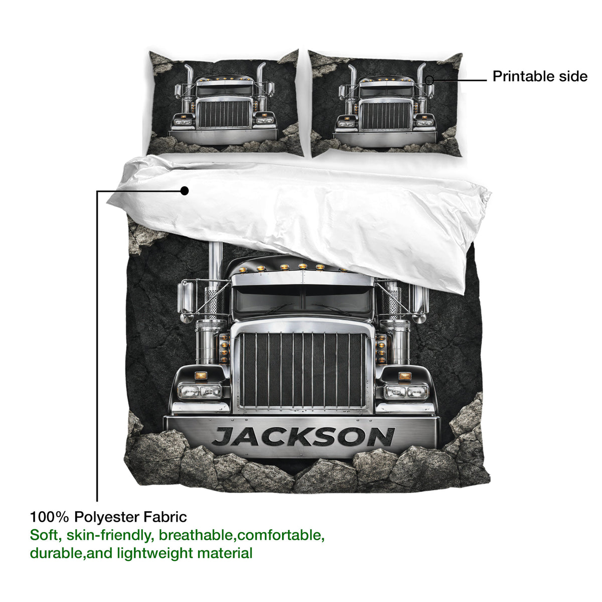 Trucker duvet cover set detail showing semi truck artwork, printable side, and black rock-textured design