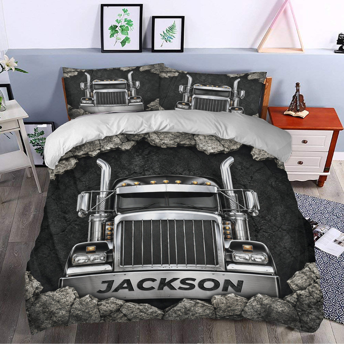 Trucker bedding styled in a bedroom with chrome semi truck artwork, black tones, and rugged rock accents