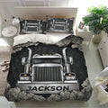 Trucker duvet cover bedding set displayed in a bright bedroom with matching semi truck pillowcase artwork