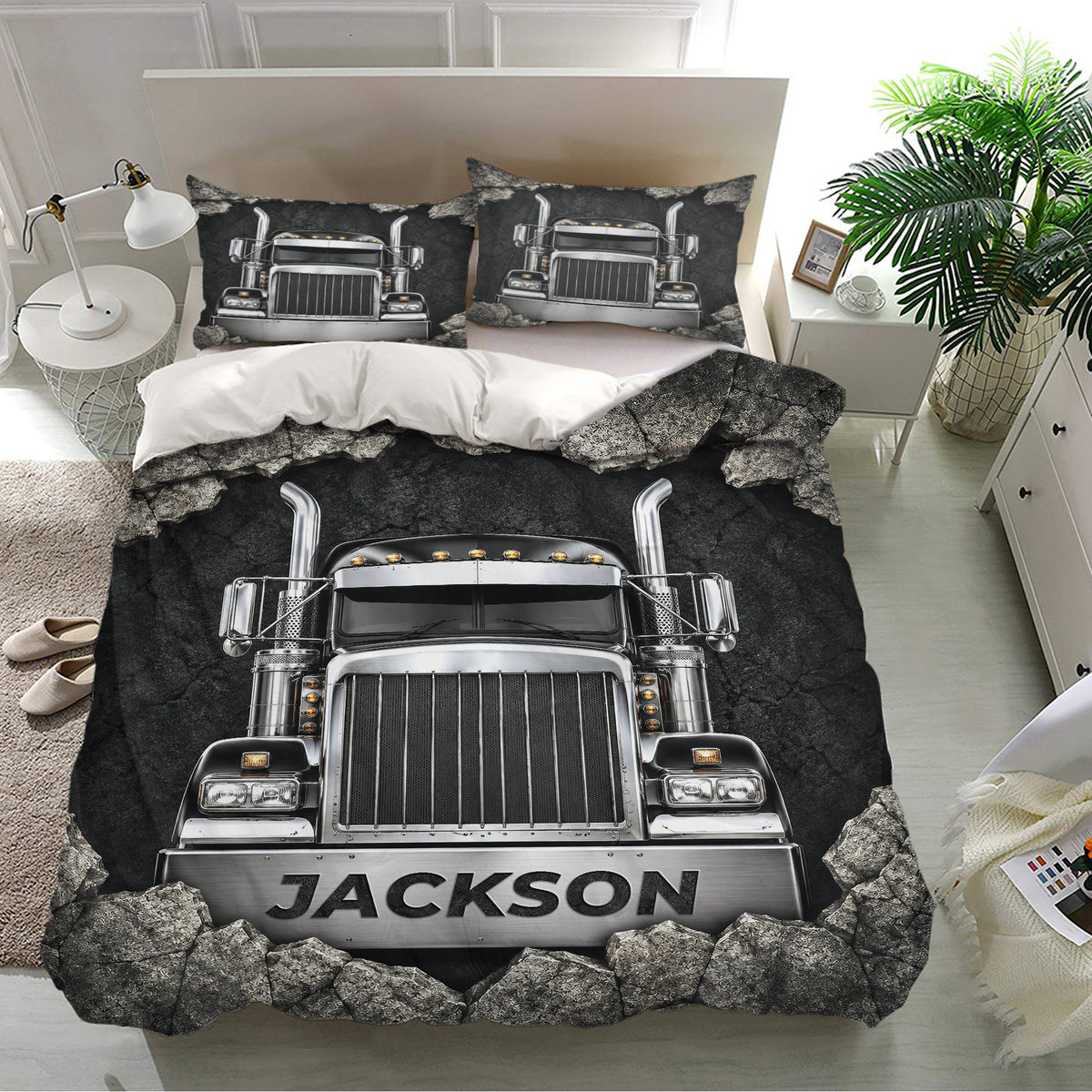 Trucker duvet cover bedding set displayed in a bright bedroom with matching semi truck pillowcase artwork