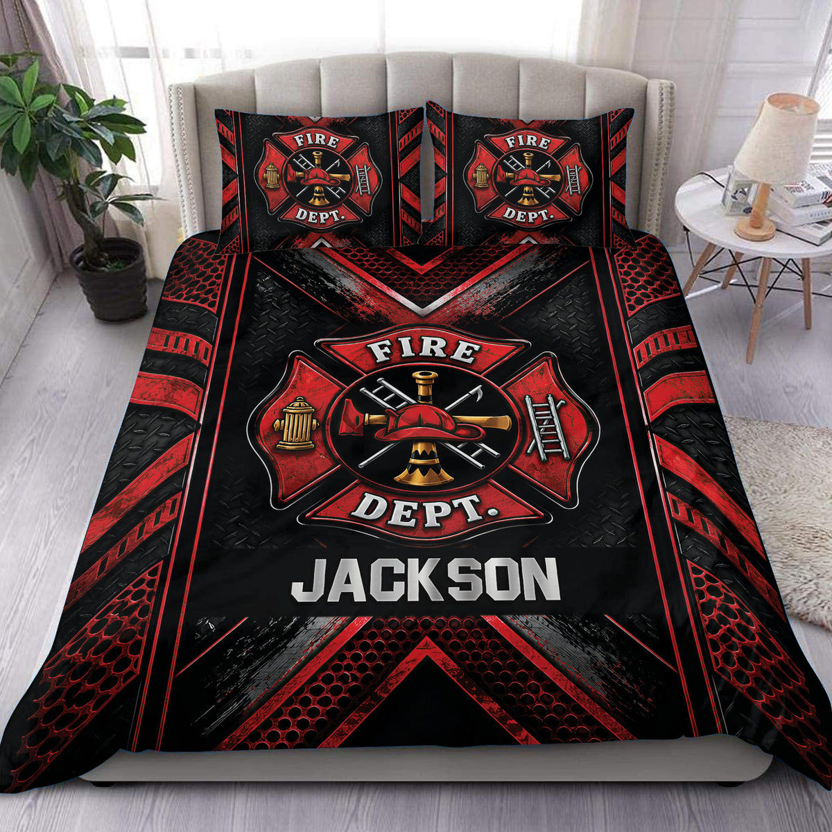Custom firefighter duvet cover bedding set in bold red and black with fire department emblem artwork