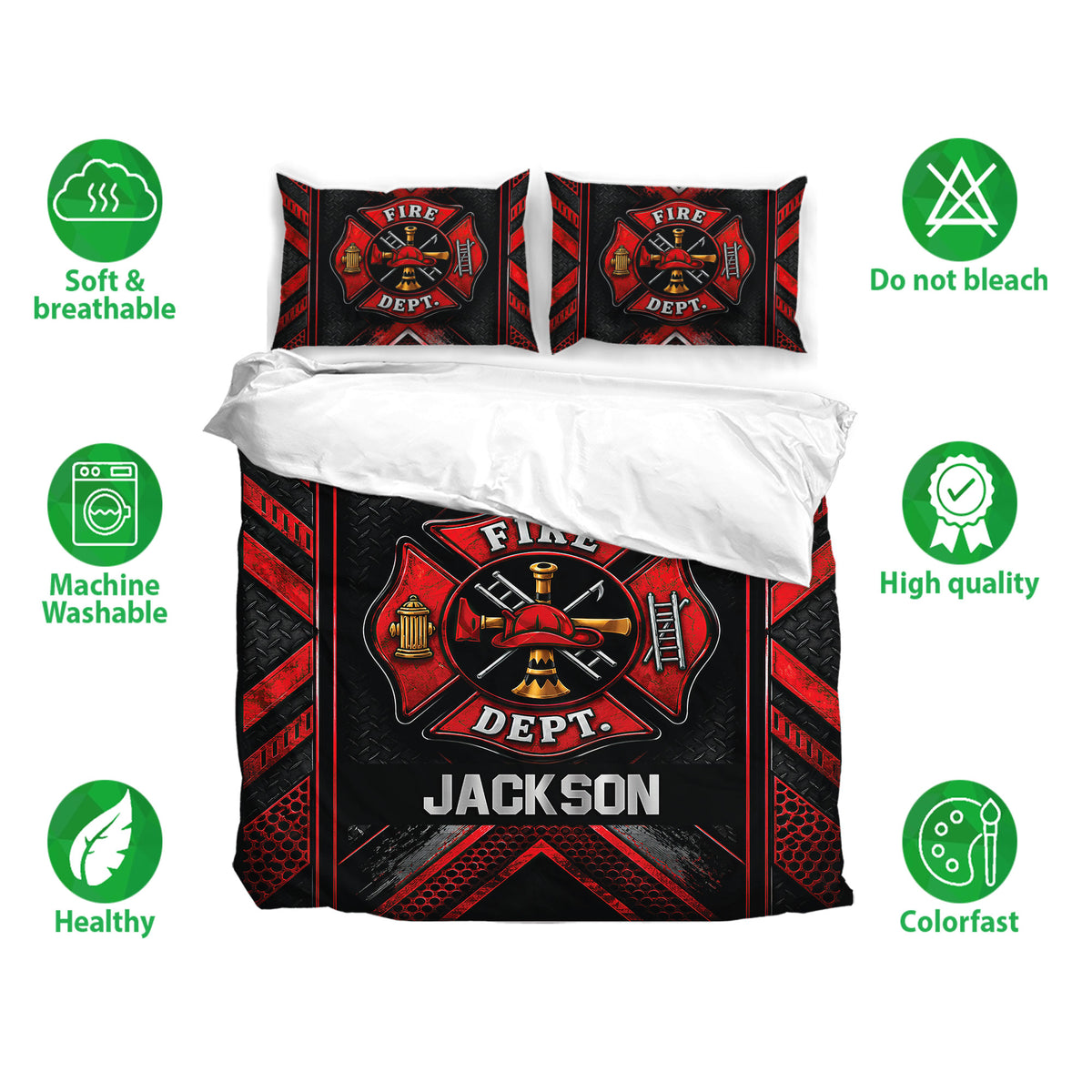 Firefighter duvet cover bedding set displayed with matching pillowcases and red black fire department artwork