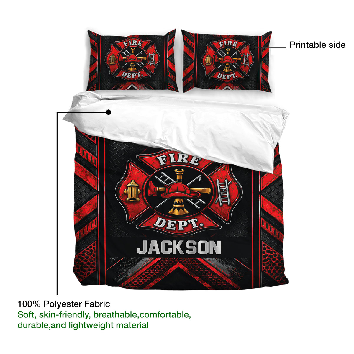 Firefighter duvet cover bedding set showing printable artwork, soft breathable fabric and bold emblem design