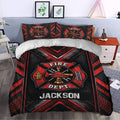 Firefighter duvet cover styled in a bedroom with red black fire department artwork and matching pillows