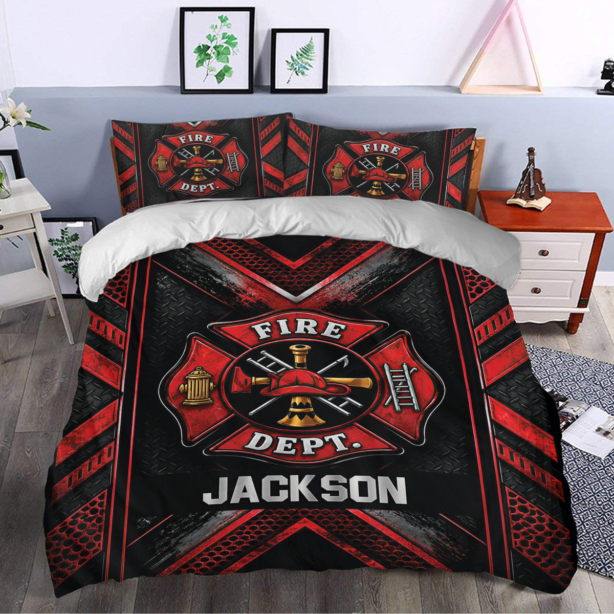 Firefighter duvet cover styled in a bedroom with red black fire department artwork and matching pillows