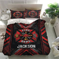 Red and black firefighter duvet cover bedding set displayed in a modern bedroom with emblem artwork