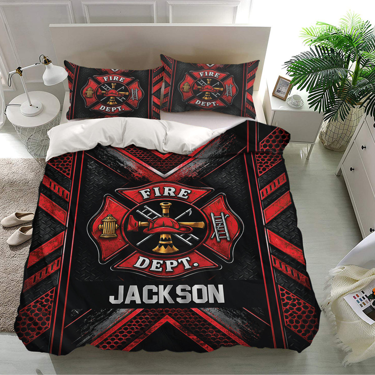 Red and black firefighter duvet cover bedding set displayed in a modern bedroom with emblem artwork