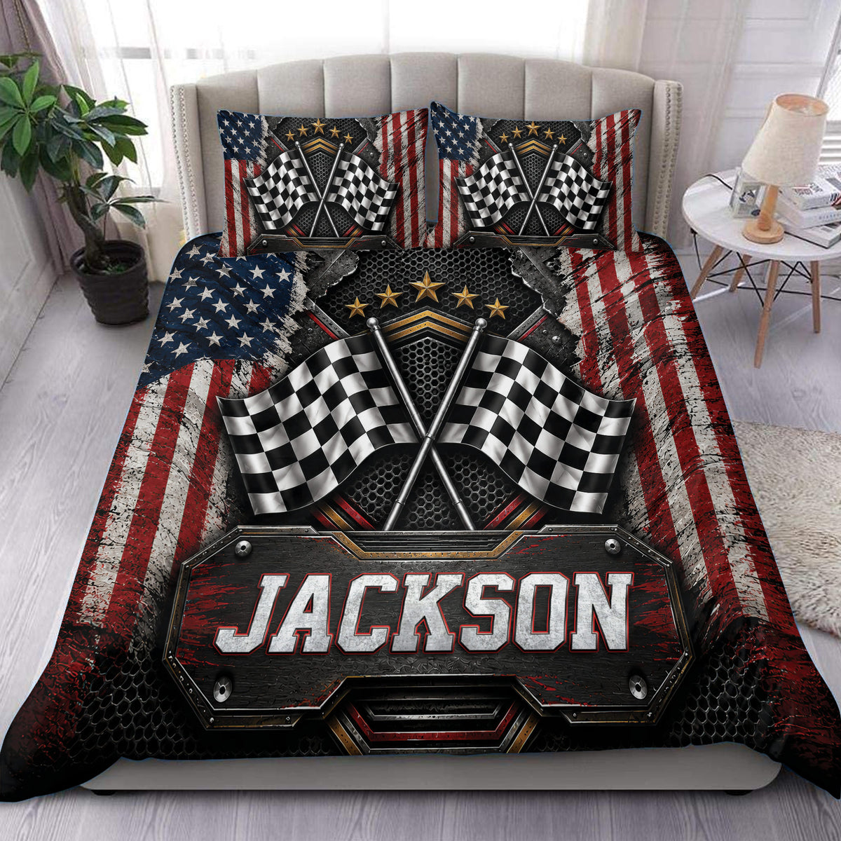 Racing duvet cover set displayed on a bed with crossed checkered flags and bold red, white, blue, and black artwork