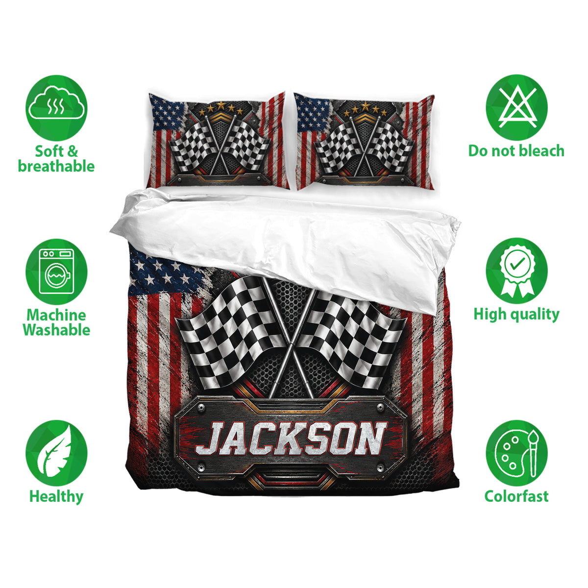 Racing bedding set presentation with crossed flags, patriotic colors, and soft breathable fabric feature icons