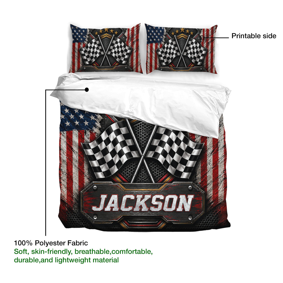 Racing duvet cover bedding set showing crossed checkered flags, printable artwork, and 100% polyester fabric details
