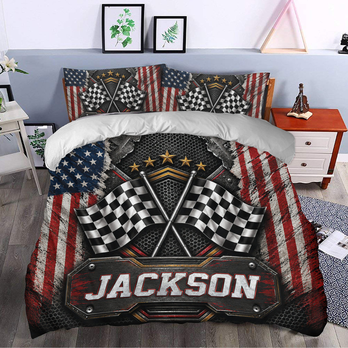 Racing duvet cover styled in a bedroom with crossed checkered flags and dramatic black, red, white, and blue decor