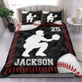 Baseball duvet cover set with a batter silhouette, black camouflage background, red stitching, and matching pillows