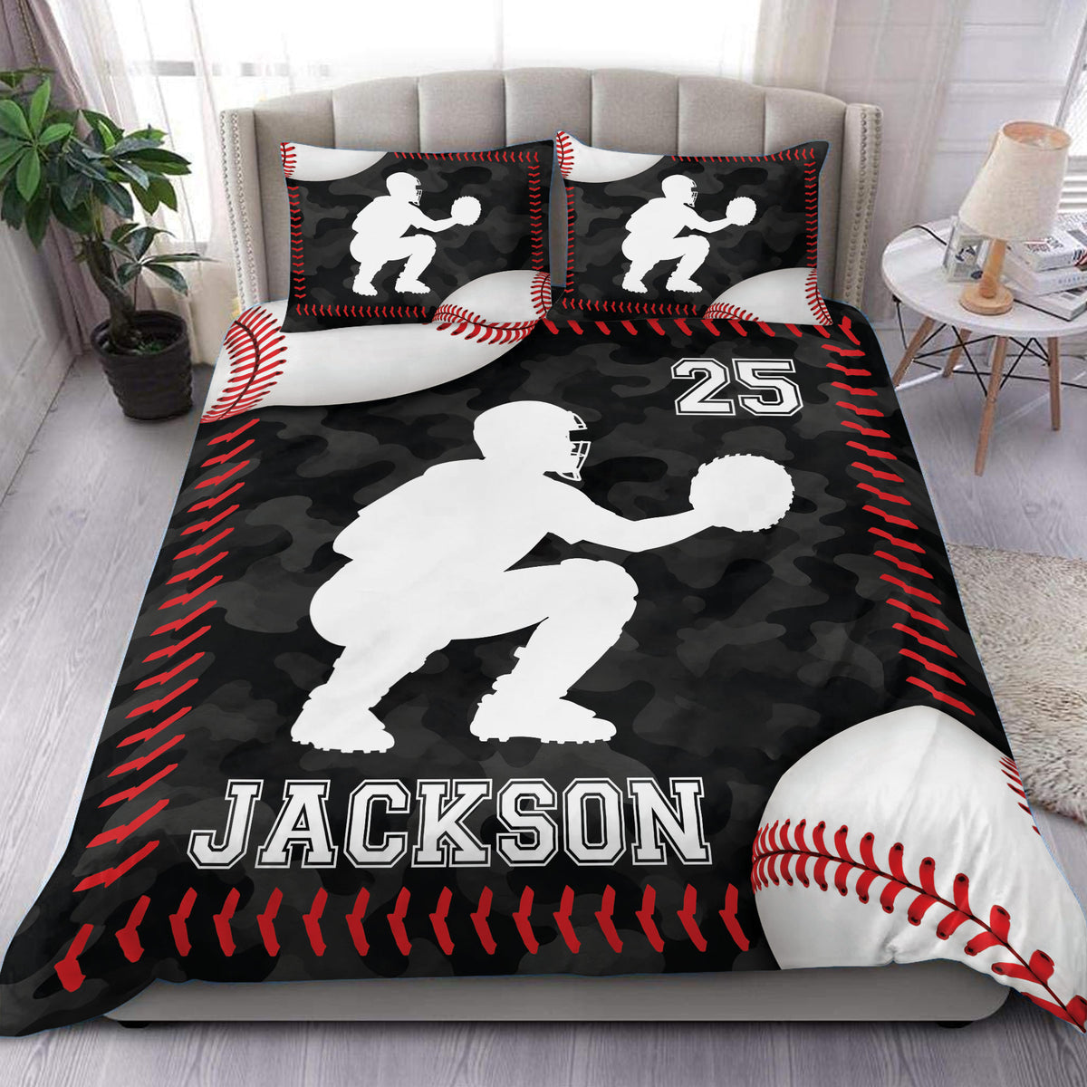 Baseball duvet cover set with a batter silhouette, black camouflage background, red stitching, and matching pillows