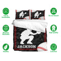 Baseball bedding set displayed with matching pillowcases and soft black, white, and red sports artwork