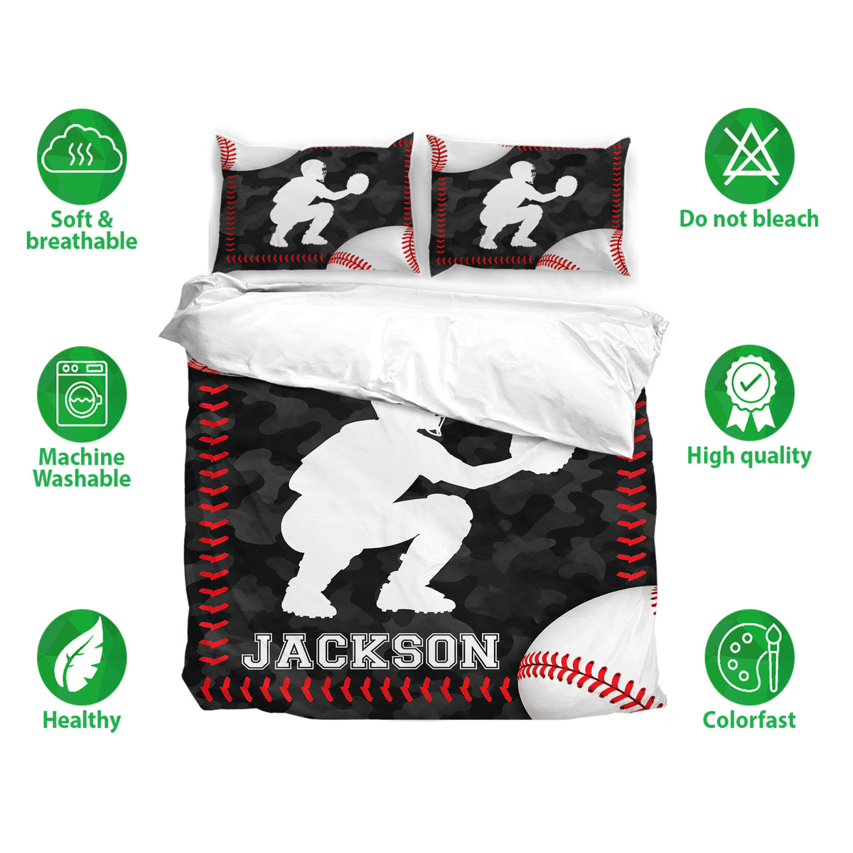 Baseball bedding set displayed with matching pillowcases and soft black, white, and red sports artwork