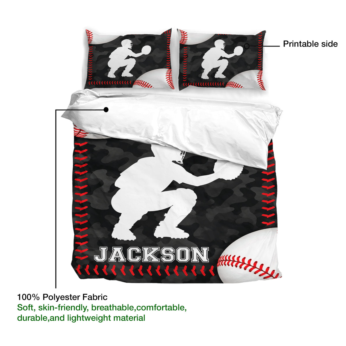 Baseball duvet cover set showing the printable side with player silhouette, baseball stitching, and camouflage artwork