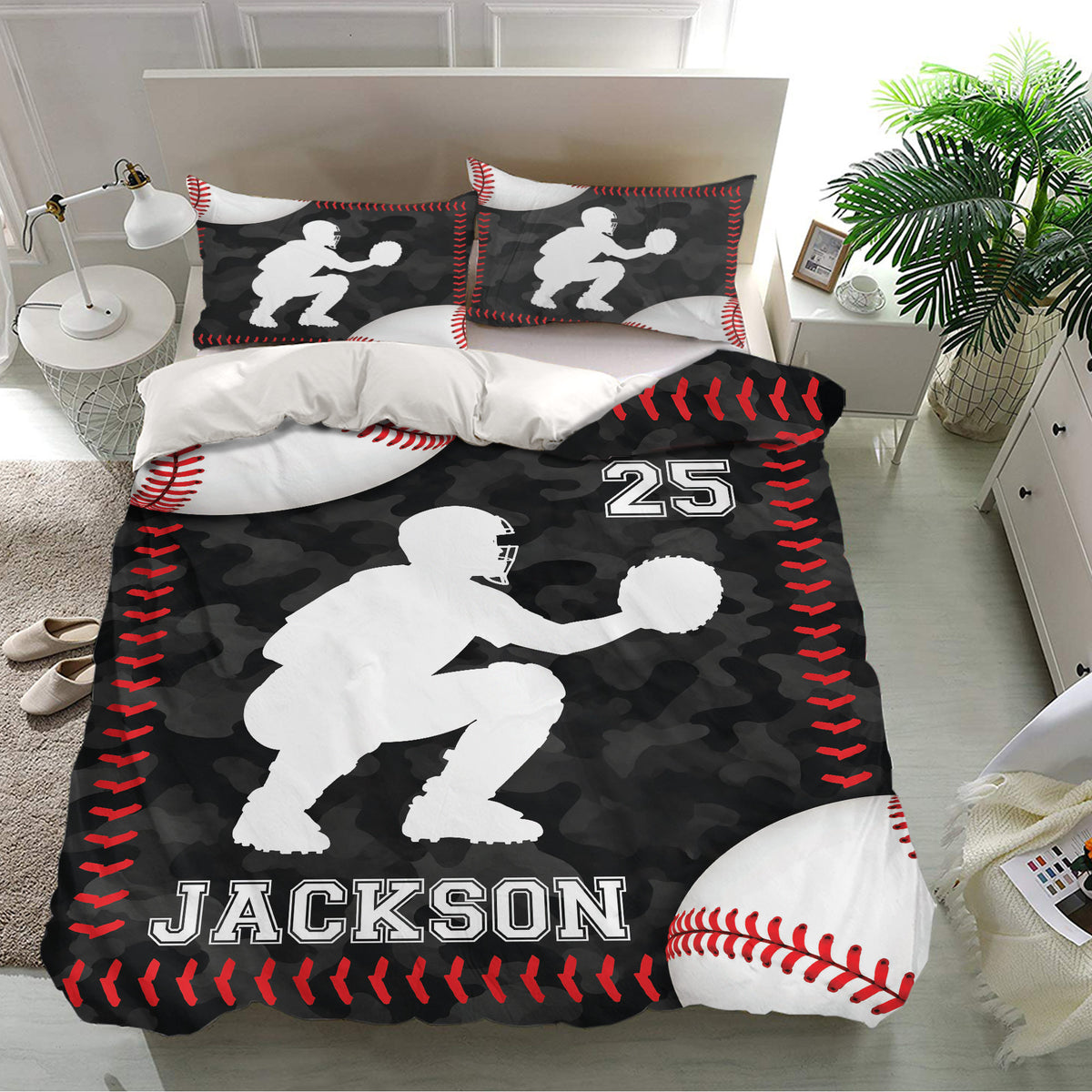 Baseball duvet cover set presented on a modern bed with coordinating pillowcases and bold sports artwork