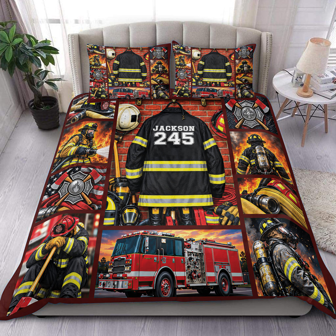 Firefighter duvet cover set displayed on a bed with firefighters, fire trucks, gear, hoses, and bold red accents