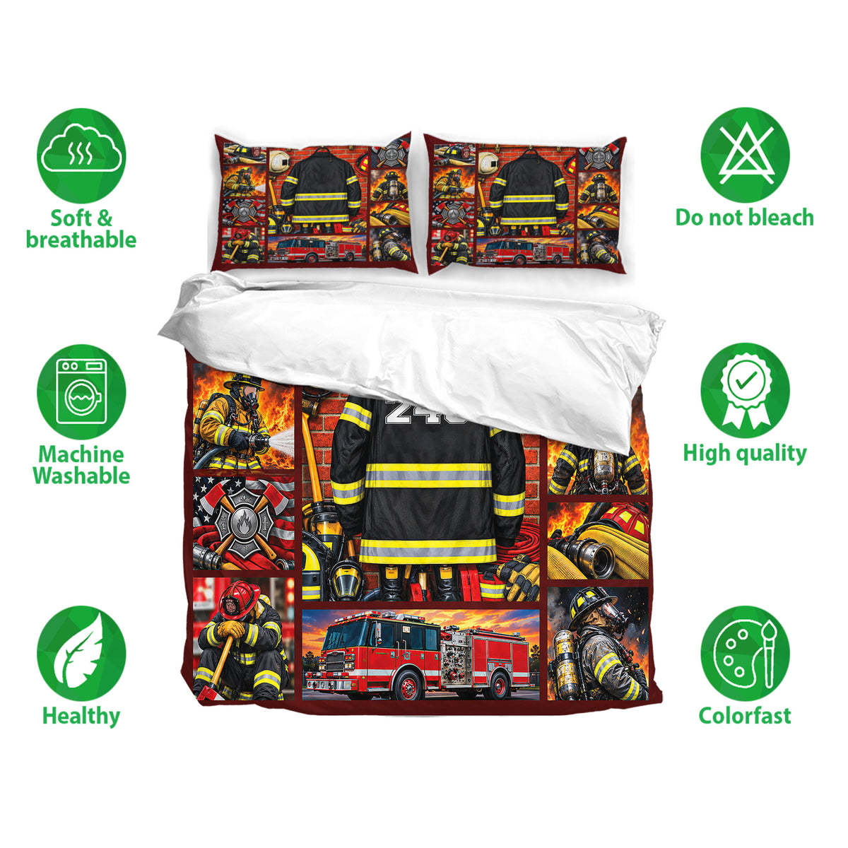 Firefighter bedding set with matching pillowcases, vivid firefighting artwork, soft breathable fabric, and care icons