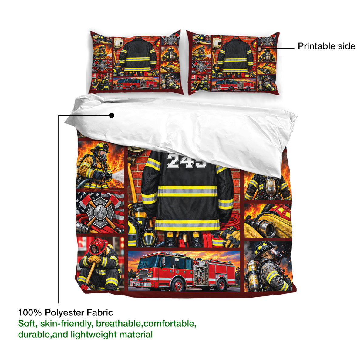 Firefighter duvet cover and pillowcases shown with printable artwork and soft lightweight polyester fabric details