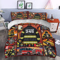 Firefighter duvet cover bedding set styled in a bedroom with firefighters, fire trucks, helmets, and equipment
