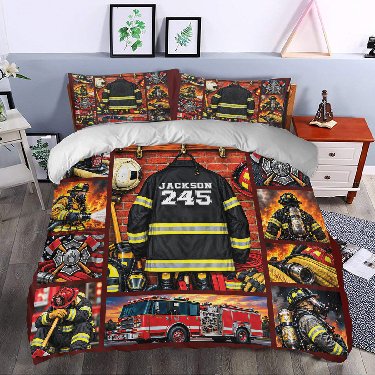 Firefighter duvet cover bedding set styled in a bedroom with firefighters, fire trucks, helmets, and equipment