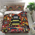 Firefighter bedding set presented in a bright bedroom with matching pillowcases and detailed red, black, and yellow artwork