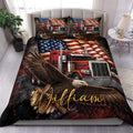 Trucker duvet cover set featuring a red semi truck, soaring eagle, and distressed American flag artwork