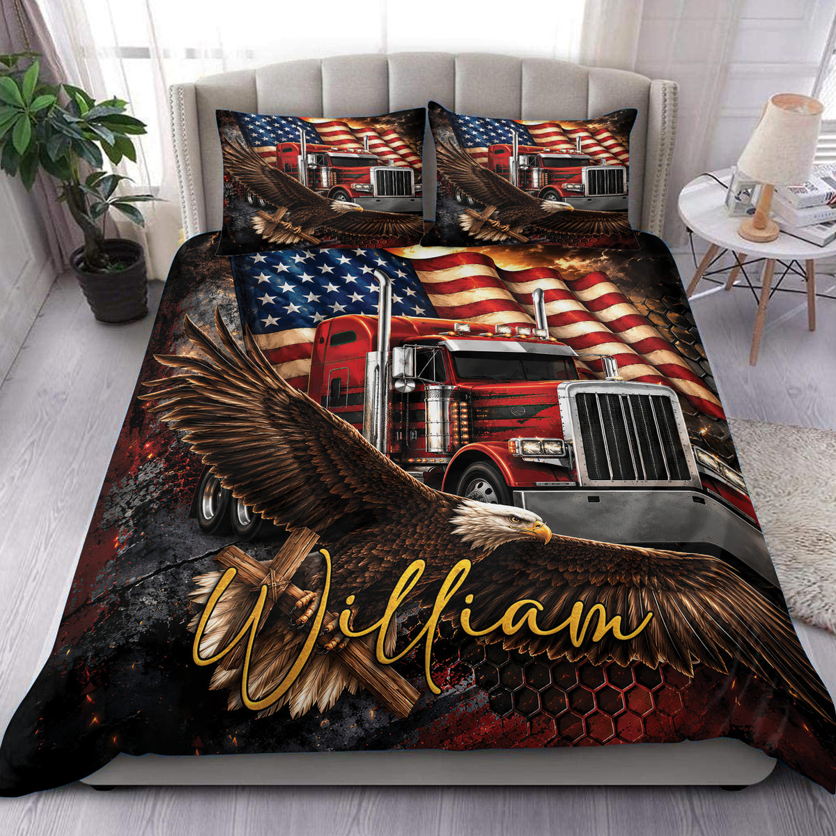 Trucker duvet cover set featuring a red semi truck, soaring eagle, and distressed American flag artwork