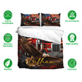 Trucker bedding set displayed with matching eagle and red semi truck pillowcases in patriotic colors