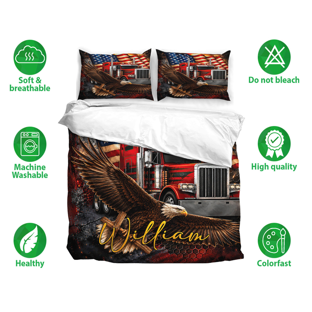Trucker bedding set displayed with matching eagle and red semi truck pillowcases in patriotic colors