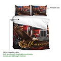 Trucker duvet cover detail showing printable artwork, red semi truck, eagle, and American flag design