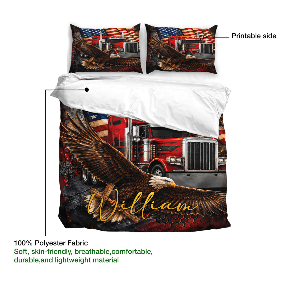 Trucker duvet cover detail showing printable artwork, red semi truck, eagle, and American flag design