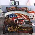 Patriotic trucker duvet cover set styled in a bedroom with red truck, eagle, and flag artwork