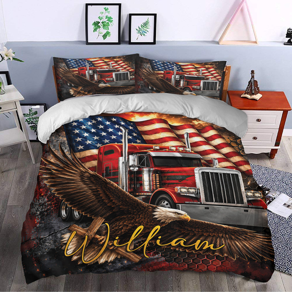 Patriotic trucker duvet cover set styled in a bedroom with red truck, eagle, and flag artwork