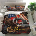 Trucker bedroom decor featuring a bold red semi truck, eagle, and American flag duvet cover set
