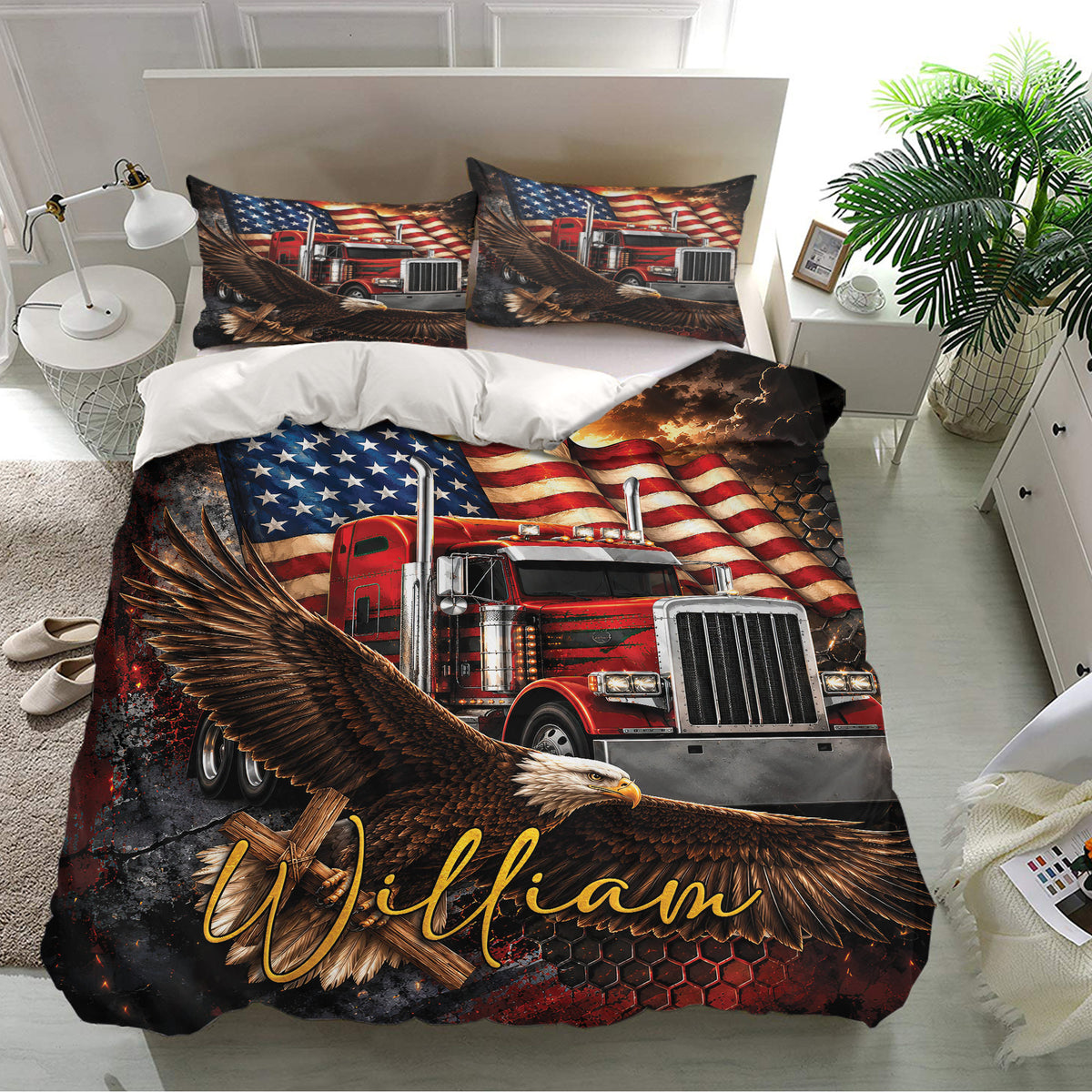 Trucker bedroom decor featuring a bold red semi truck, eagle, and American flag duvet cover set