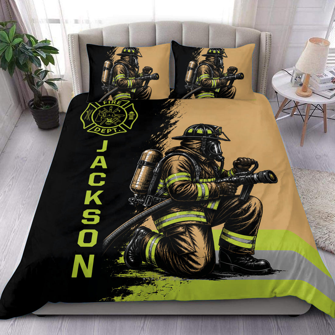 Firefighter duvet cover set displayed on a bed with black, tan, and neon green artwork