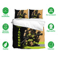 Firefighter bedding set with matching pillowcases and bold black, tan, and neon green design