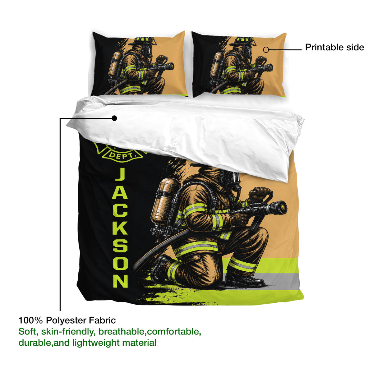 Firefighter duvet cover showing protective gear artwork, printed side, and soft polyester fabric