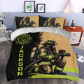 Firefighter duvet cover bedding set styled in a modern bedroom with bold first responder artwork