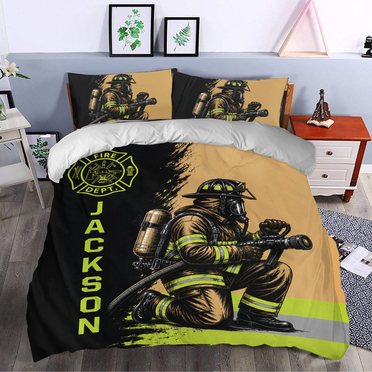 Firefighter duvet cover bedding set styled in a modern bedroom with bold first responder artwork