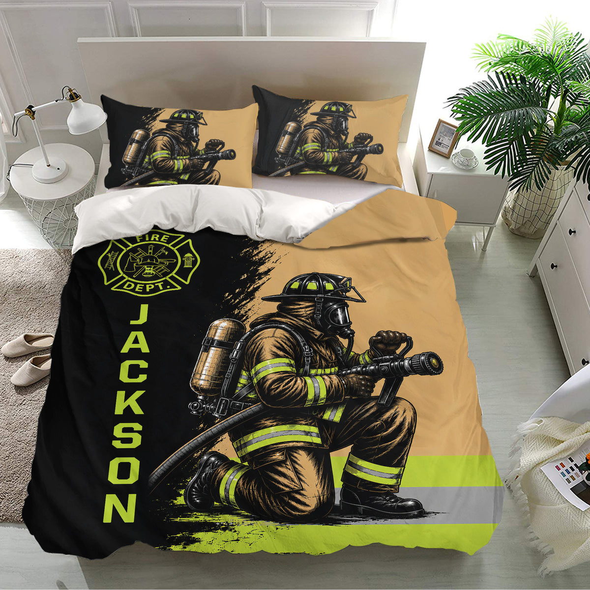 Firefighter bedroom decor with dramatic firefighter artwork, department emblem, and matching pillowcases