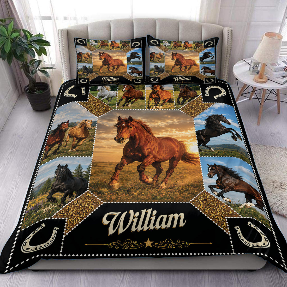 Horse duvet cover set displayed on a bed with galloping horses, horseshoes, black accents, and gold decorative details