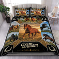 Horse duvet cover set displayed on a bed with galloping horses, horseshoes, black accents, and gold decorative details