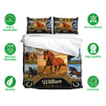 Horse bedding set shown with a central running horse, colorful horse panels, black borders, and matching pillowcases