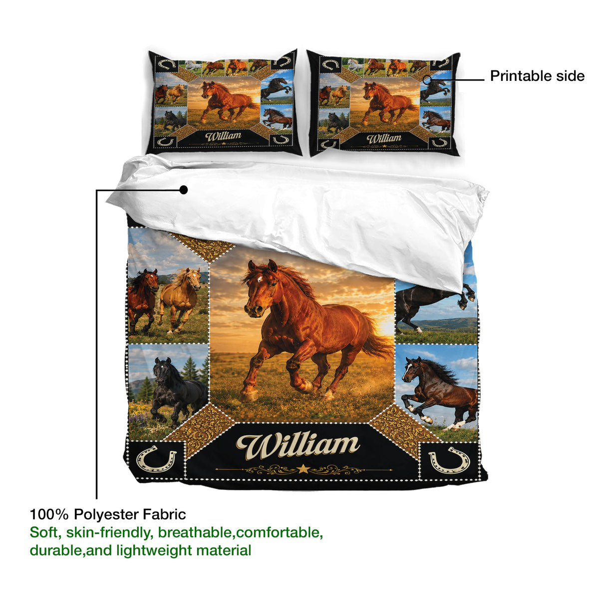 Horse duvet cover bedding set diagram showing the printed side and soft polyester fabric with equestrian artwork