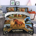 Horse duvet cover set styled in a bedroom with galloping horse artwork, horseshoes, and black and gold accents