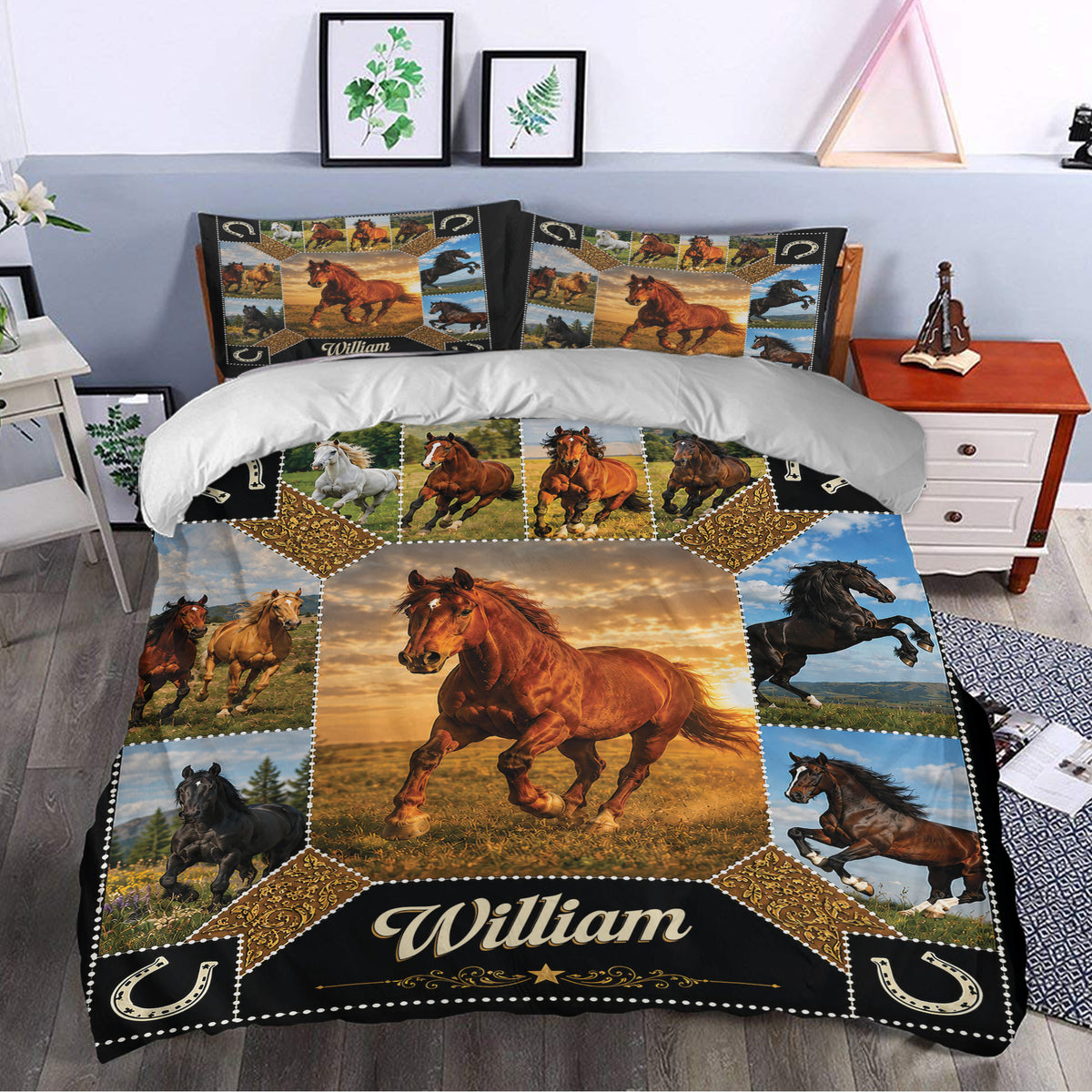 Horse duvet cover set styled in a bedroom with galloping horse artwork, horseshoes, and black and gold accents