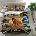 Horse bedding set displayed in a bright bedroom with matching pillowcases and a detailed equestrian collage design